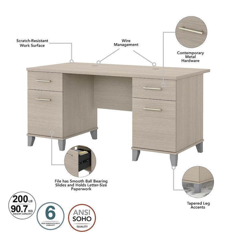 Bureau de 60W Somerset avec armoire et bibliothèque à 5 étagères