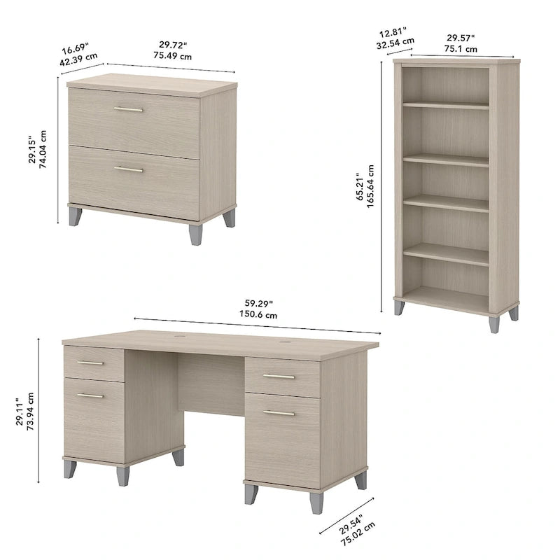 Bureau de 60W Somerset avec armoire et bibliothèque à 5 étagères