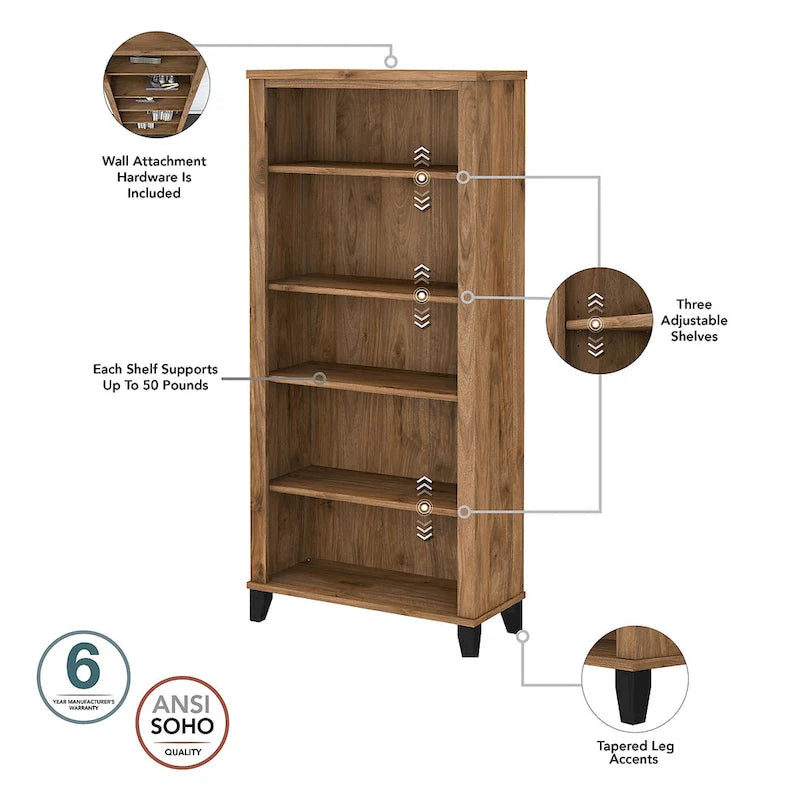 Bureau de 60W Somerset avec armoire et bibliothèque à 5 étagères