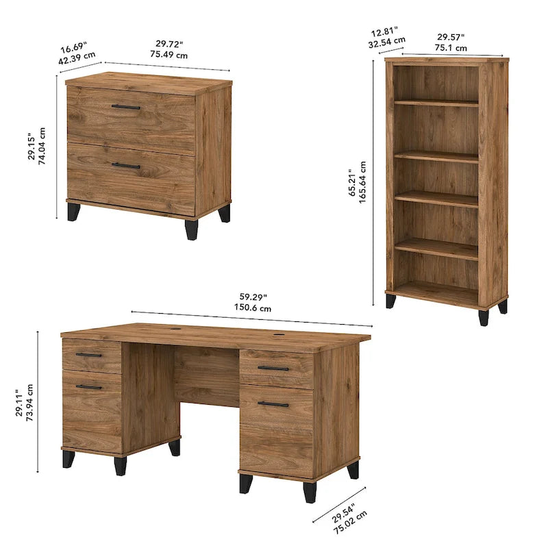 Bureau de 60W Somerset avec armoire et bibliothèque à 5 étagères