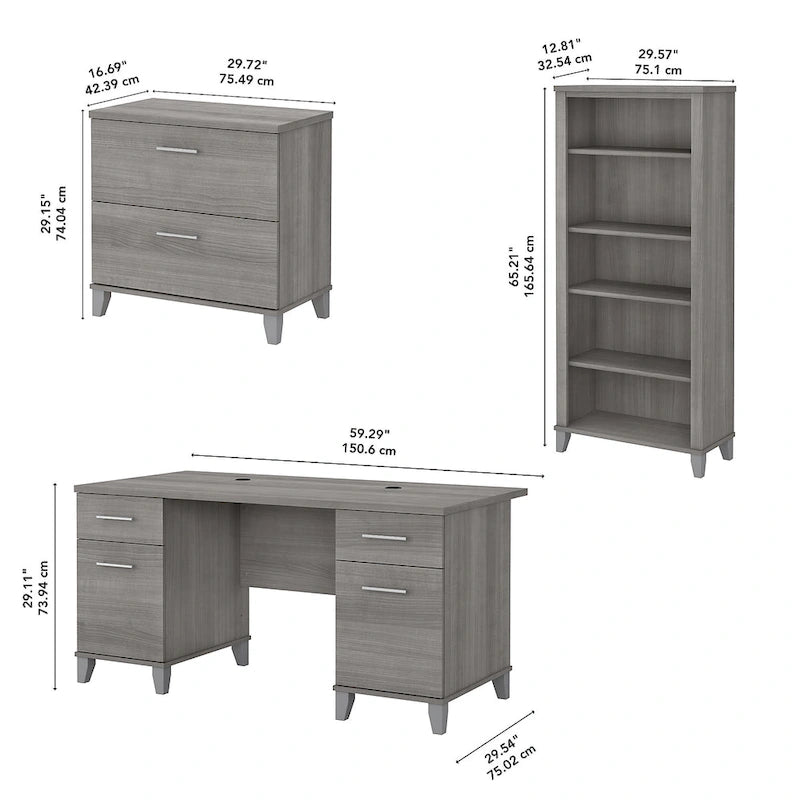 Bureau de 60W Somerset avec armoire et bibliothèque à 5 étagères