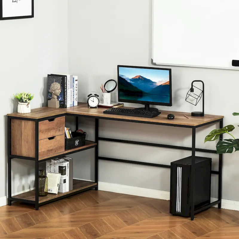 HOMCOM Bureau d'angle avec étagère de rangement et tiroir, marron