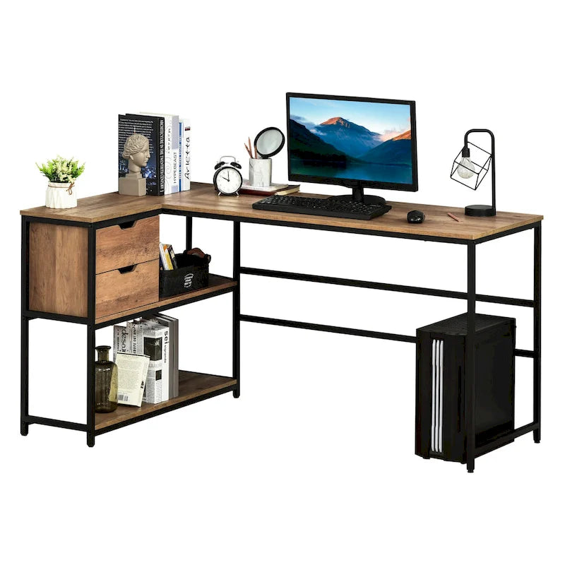 HOMCOM Bureau d'angle avec étagère de rangement et tiroir, marron