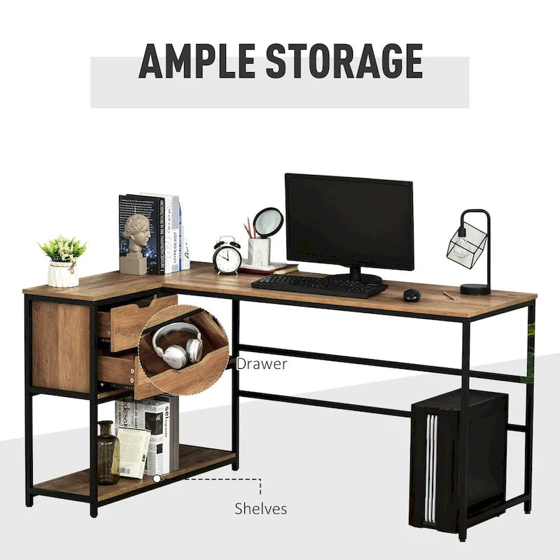 HOMCOM Bureau d'angle avec étagère de rangement et tiroir, marron