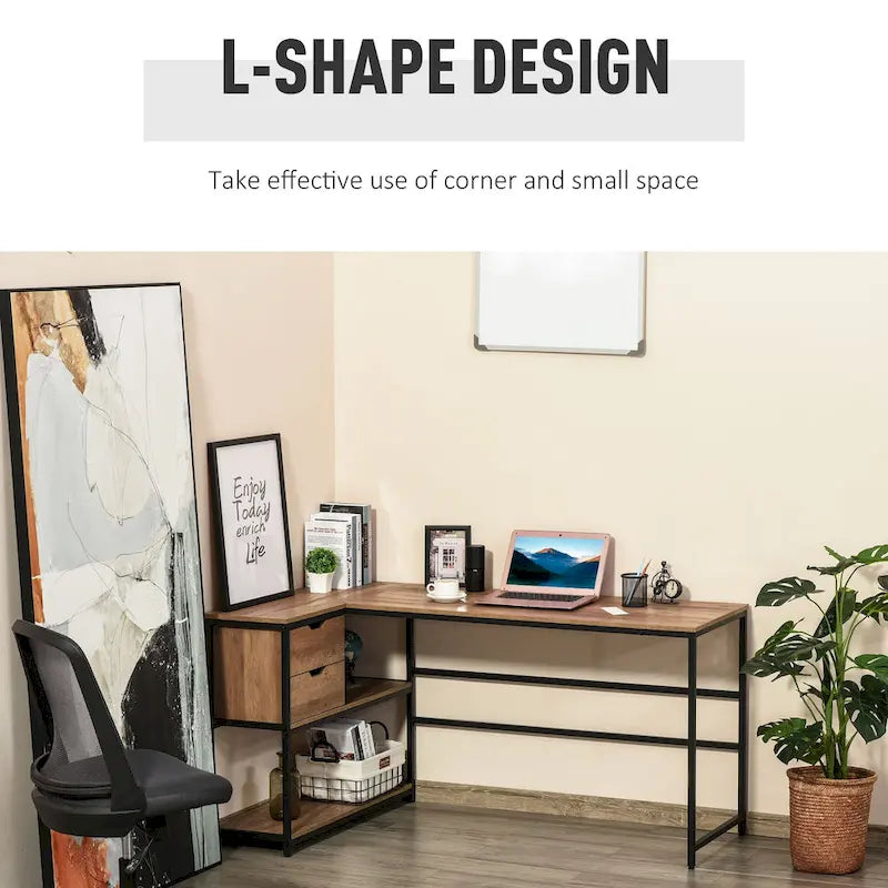HOMCOM Bureau d'angle avec étagère de rangement et tiroir, marron