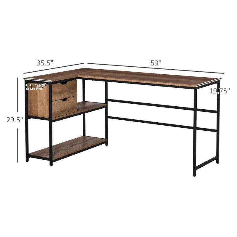 HOMCOM Bureau d'angle avec étagère de rangement et tiroir, marron