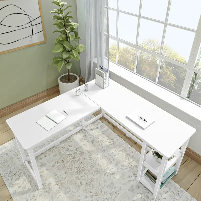 Bureau d'angle avec étagères style planche et poutre
