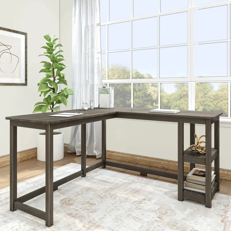 Bureau d'angle avec étagères style planche et poutre