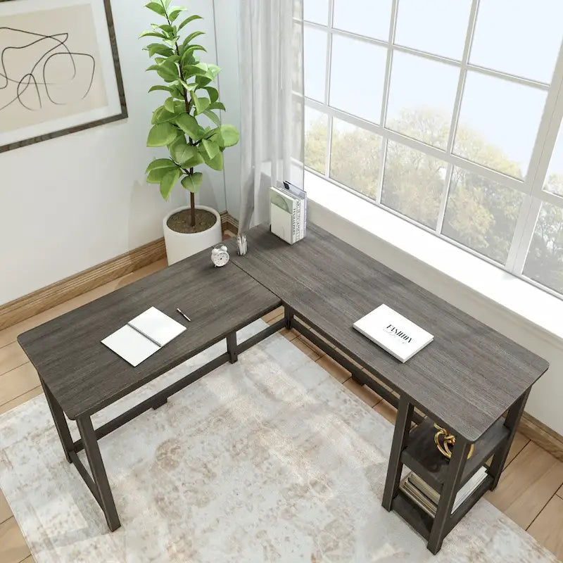 Bureau d'angle avec étagères style planche et poutre