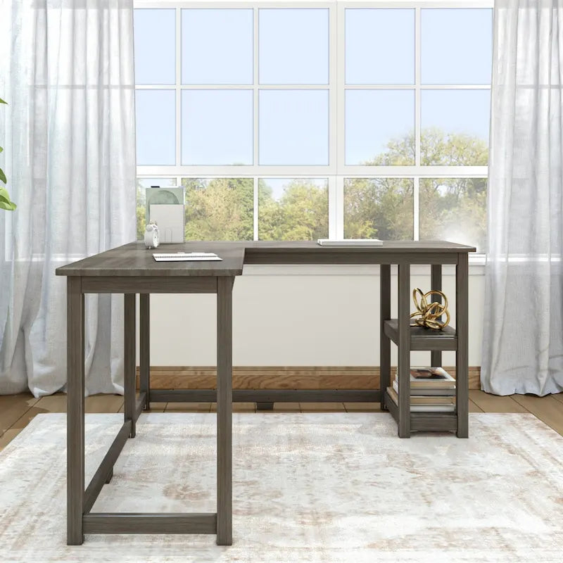 Bureau d'angle avec étagères style planche et poutre