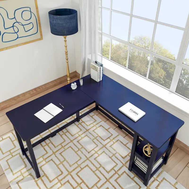 Bureau d'angle avec étagères style planche et poutre