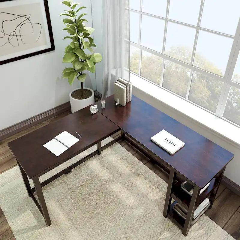 Bureau d'angle avec étagères style planche et poutre