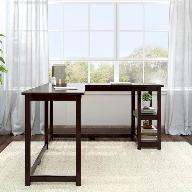 Bureau d'angle avec étagères style planche et poutre