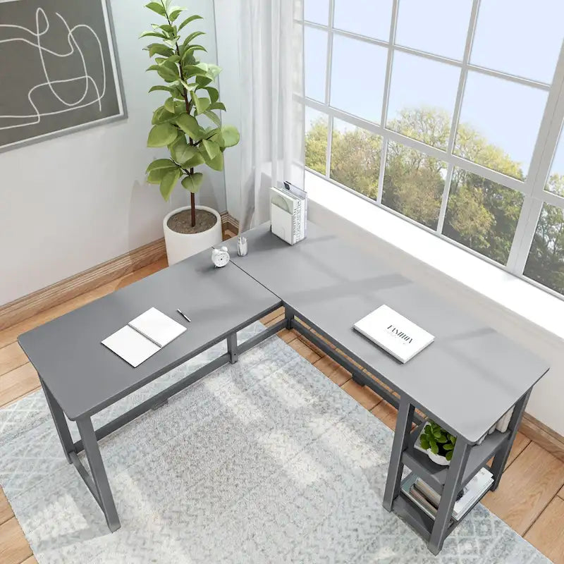 Bureau d'angle avec étagères style planche et poutre