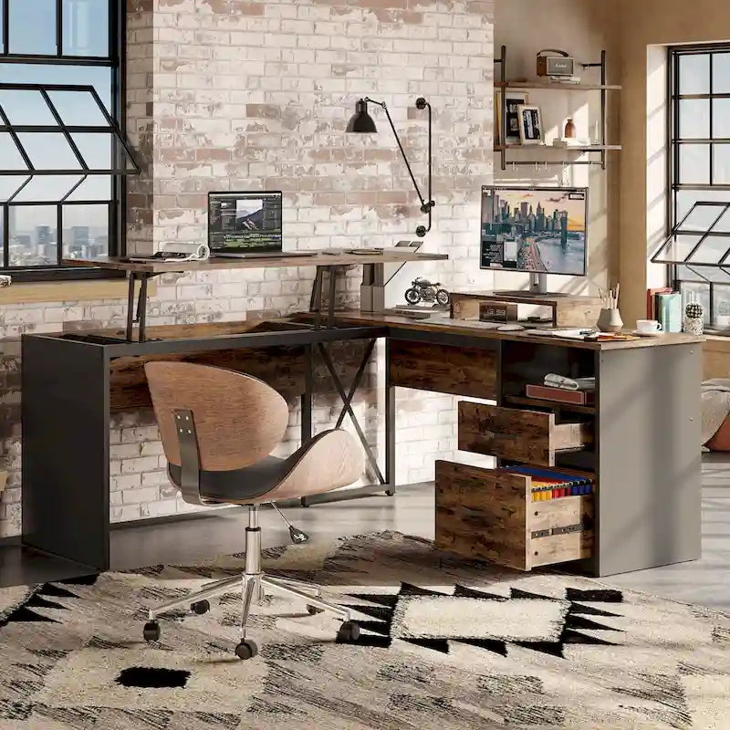 55.7 Bureau d'angle relevable en L avec tiroirs et support d'écran