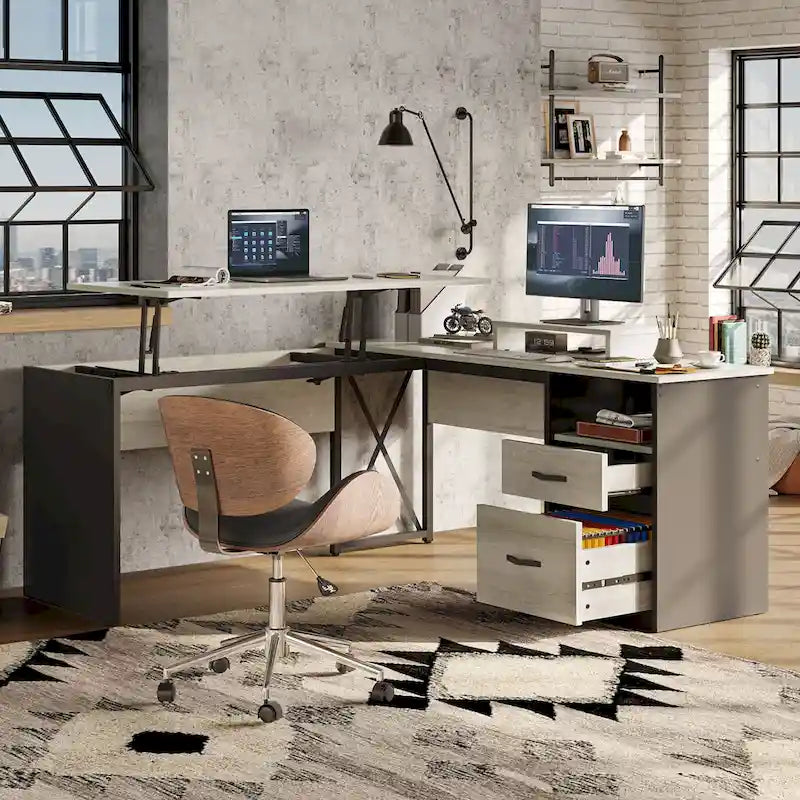 55.7 Bureau d'angle relevable en L avec tiroirs et support d'écran