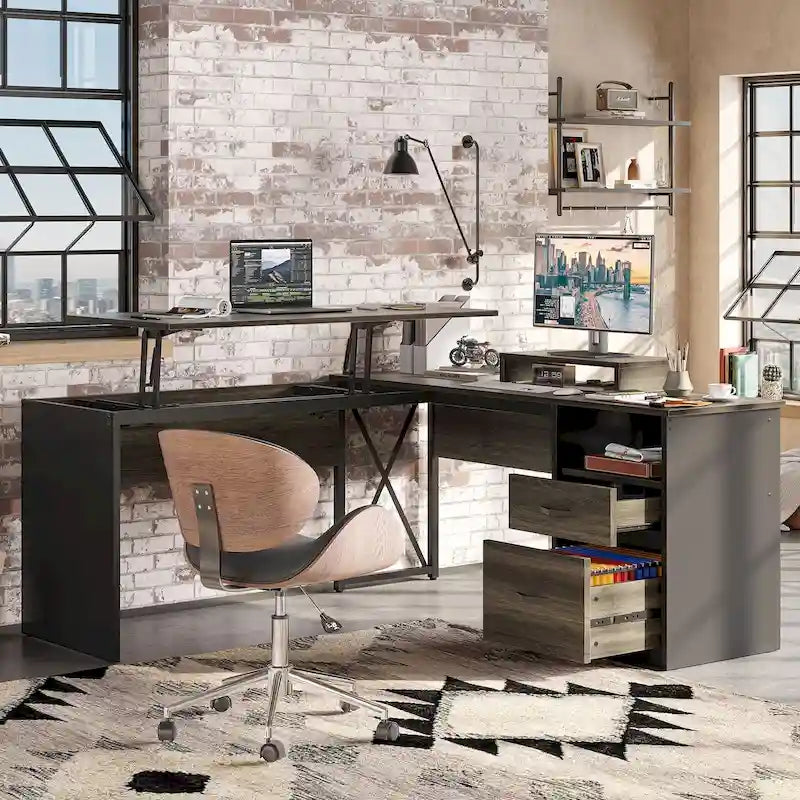 55.7 Bureau d'angle relevable en L avec tiroirs et support d'écran