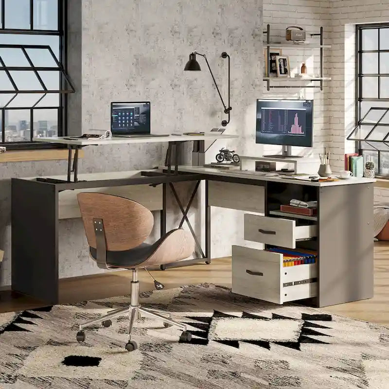 55.7 Bureau d'angle relevable en L avec tiroirs et support d'écran