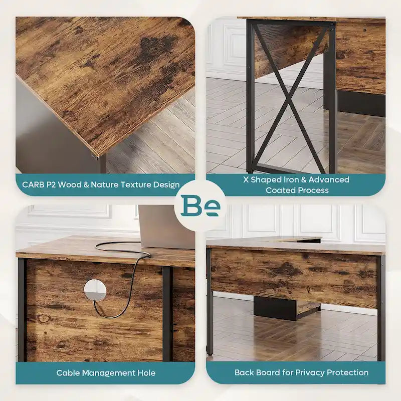 55.7 Bureau d'angle relevable en L avec tiroirs et support d'écran