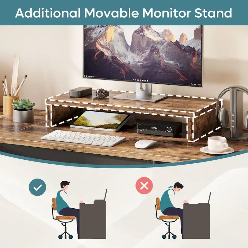 55.7 Bureau d'angle relevable en L avec tiroirs et support d'écran