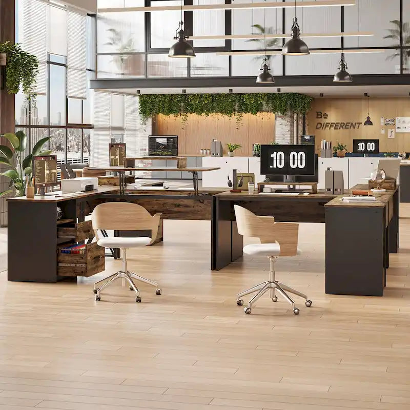 55.7 Bureau d'angle relevable en L avec tiroirs et support d'écran
