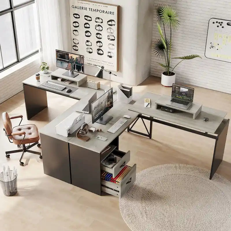 55.7 Bureau d'angle relevable en L avec tiroirs et support d'écran