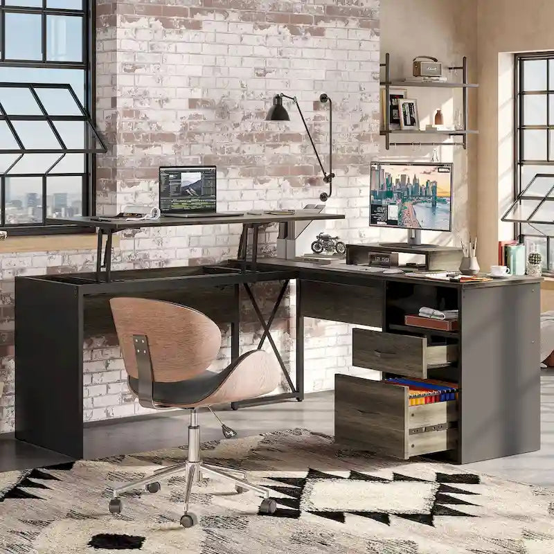 55.7 Bureau d'angle relevable en L avec tiroirs et support d'écran