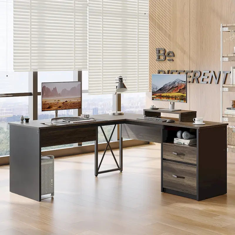 55.7 Bureau d'angle relevable en L avec tiroirs et support d'écran