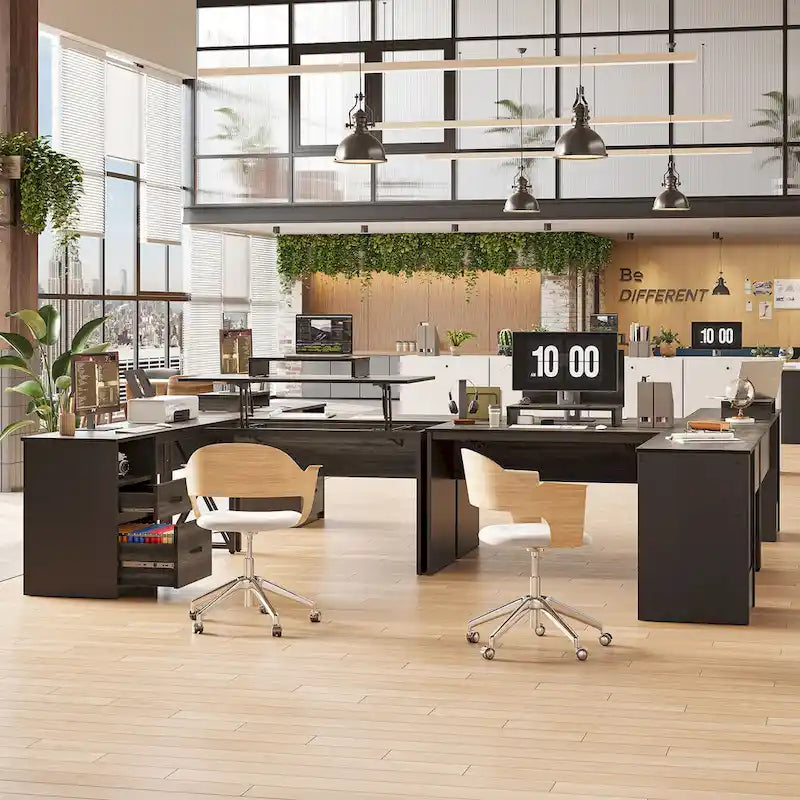 55.7 Bureau d'angle relevable en L avec tiroirs et support d'écran