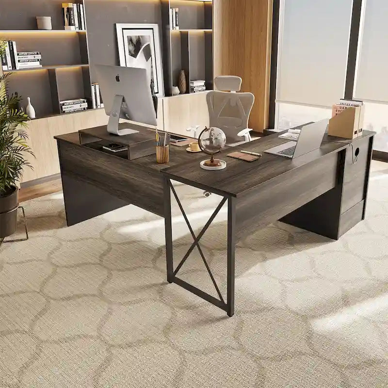 55.7 Bureau d'angle relevable en L avec tiroirs et support d'écran