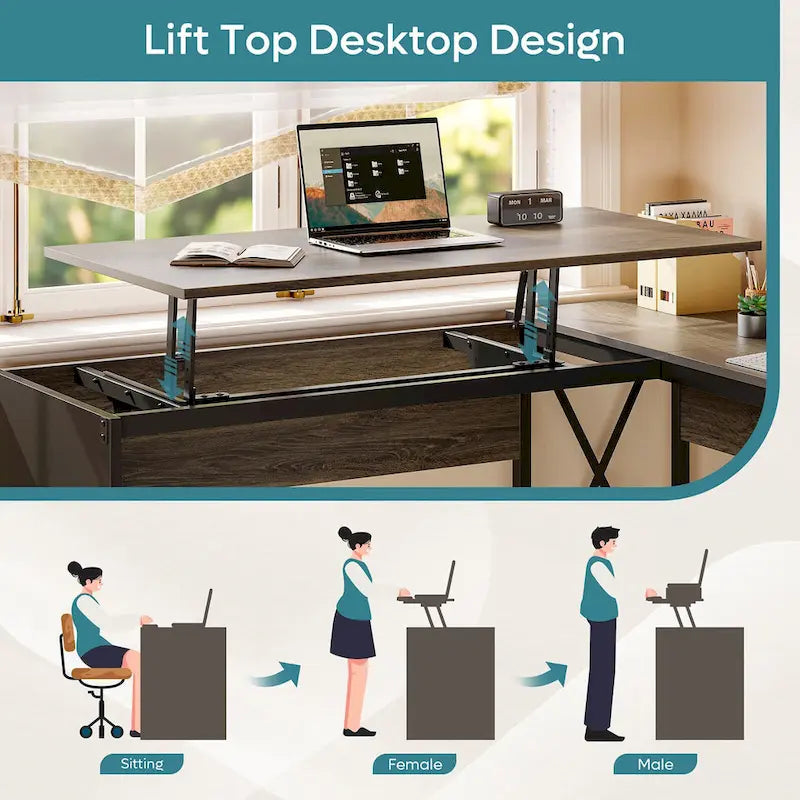 55.7 Bureau d'angle relevable en L avec tiroirs et support d'écran