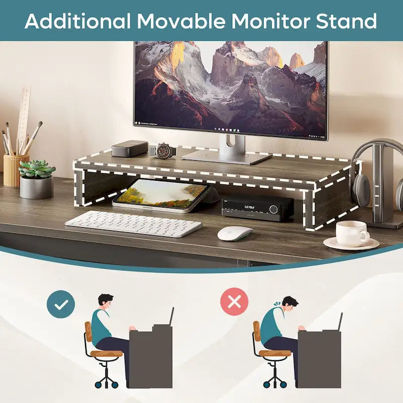 55.7 Bureau d'angle relevable en L avec tiroirs et support d'écran