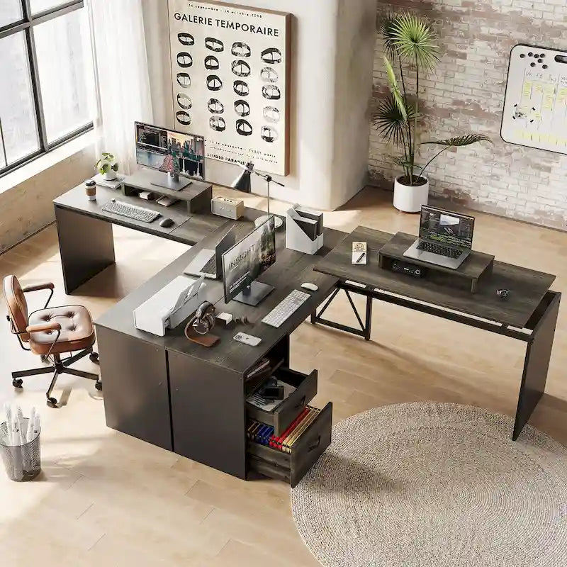 55.7 Bureau d'angle relevable en L avec tiroirs et support d'écran