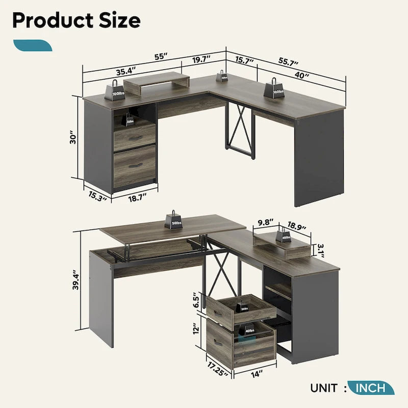 55.7 Bureau d'angle relevable en L avec tiroirs et support d'écran