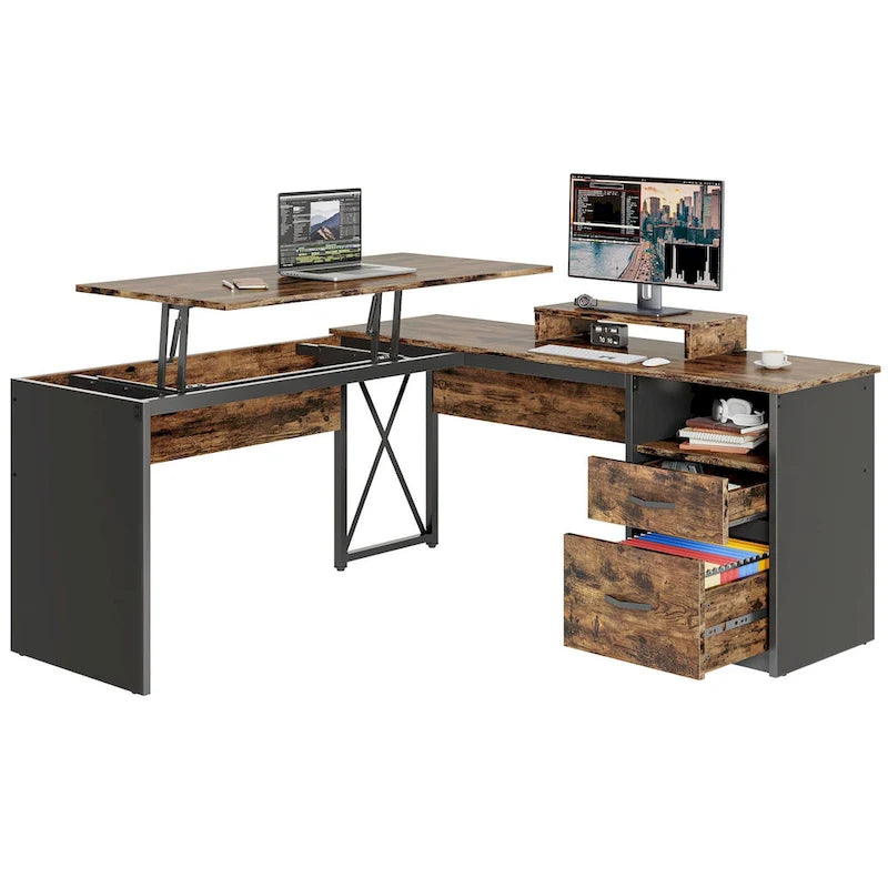 55.7 Bureau d'angle relevable en L avec tiroirs et support d'écran