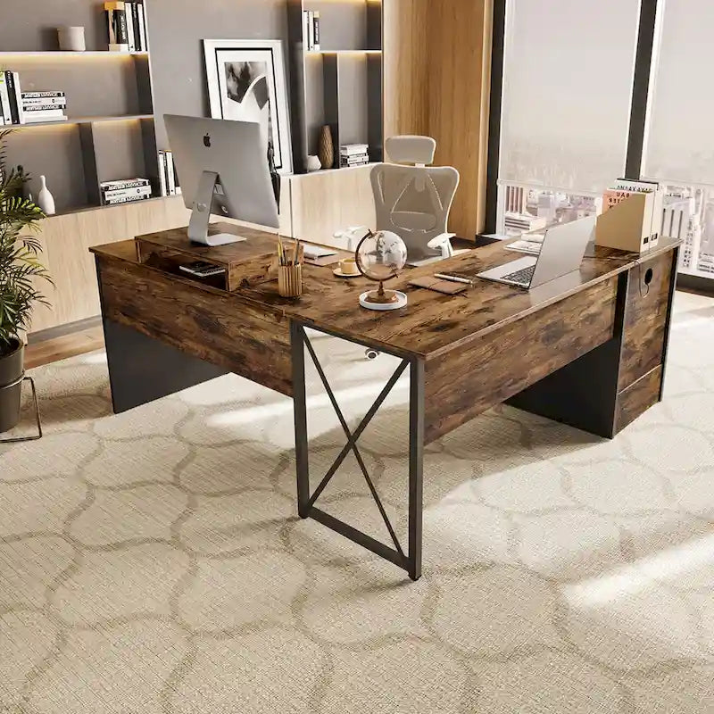 55.7 Bureau d'angle relevable en L avec tiroirs et support d'écran