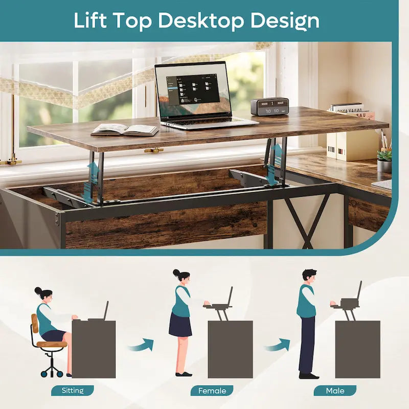 55.7 Bureau d'angle relevable en L avec tiroirs et support d'écran