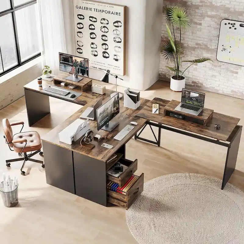 55.7 Bureau d'angle relevable en L avec tiroirs et support d'écran