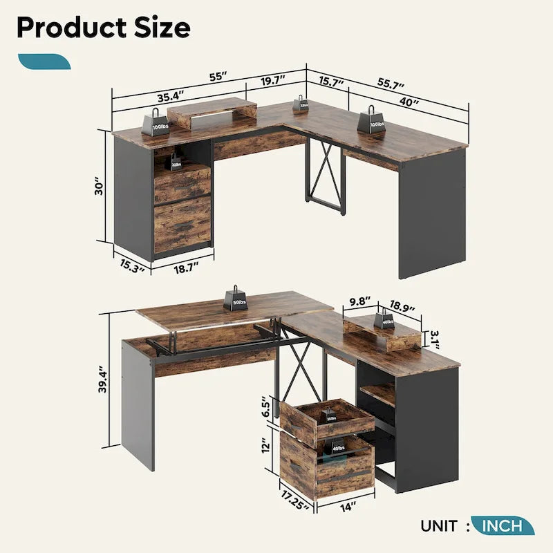 55.7 Bureau d'angle relevable en L avec tiroirs et support d'écran