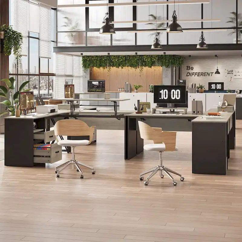55.7 Bureau d'angle relevable en L avec tiroirs et support d'écran