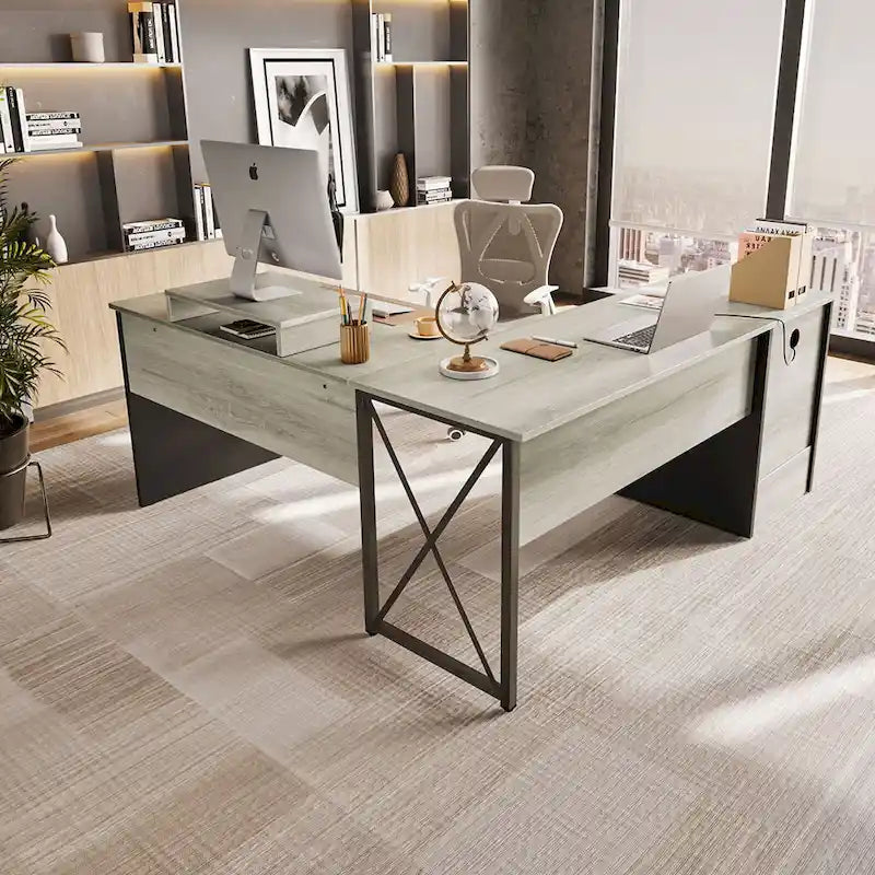 55.7 Bureau d'angle relevable en L avec tiroirs et support d'écran