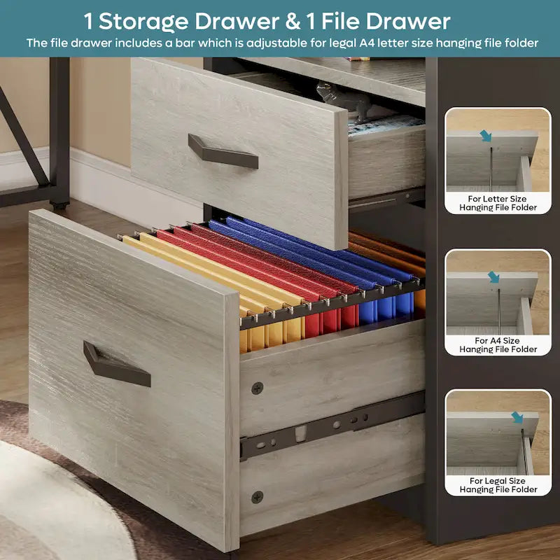 55.7 Bureau d'angle relevable en L avec tiroirs et support d'écran