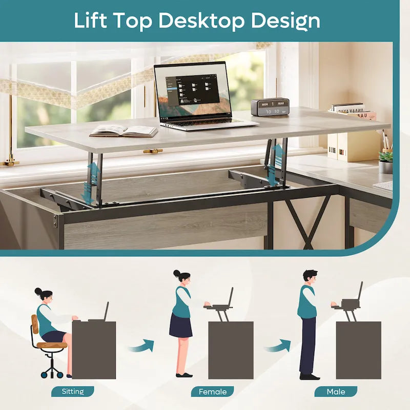 55.7 Bureau d'angle relevable en L avec tiroirs et support d'écran