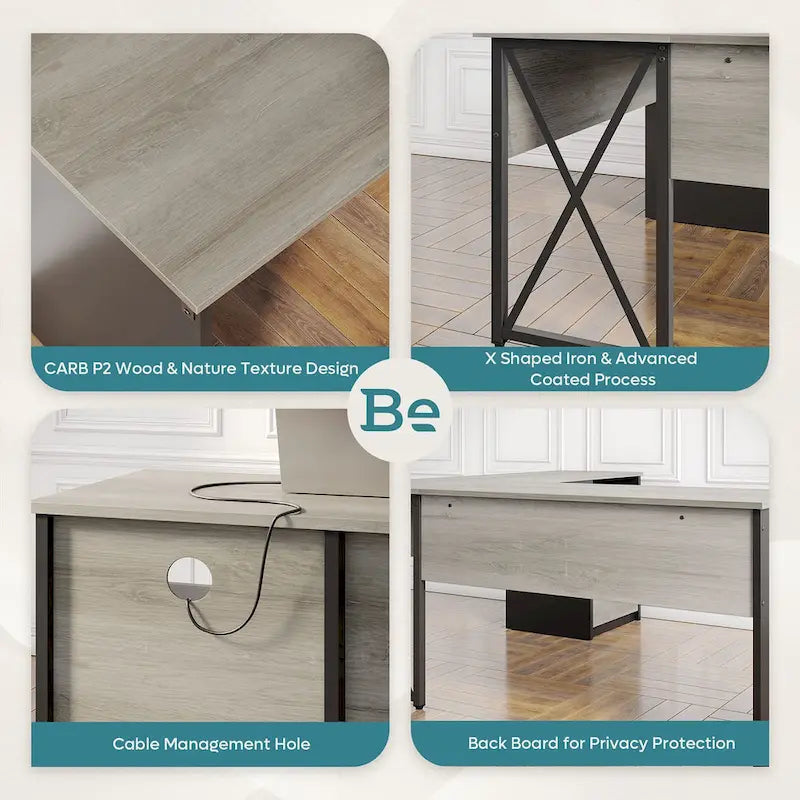 55.7 Bureau d'angle relevable en L avec tiroirs et support d'écran