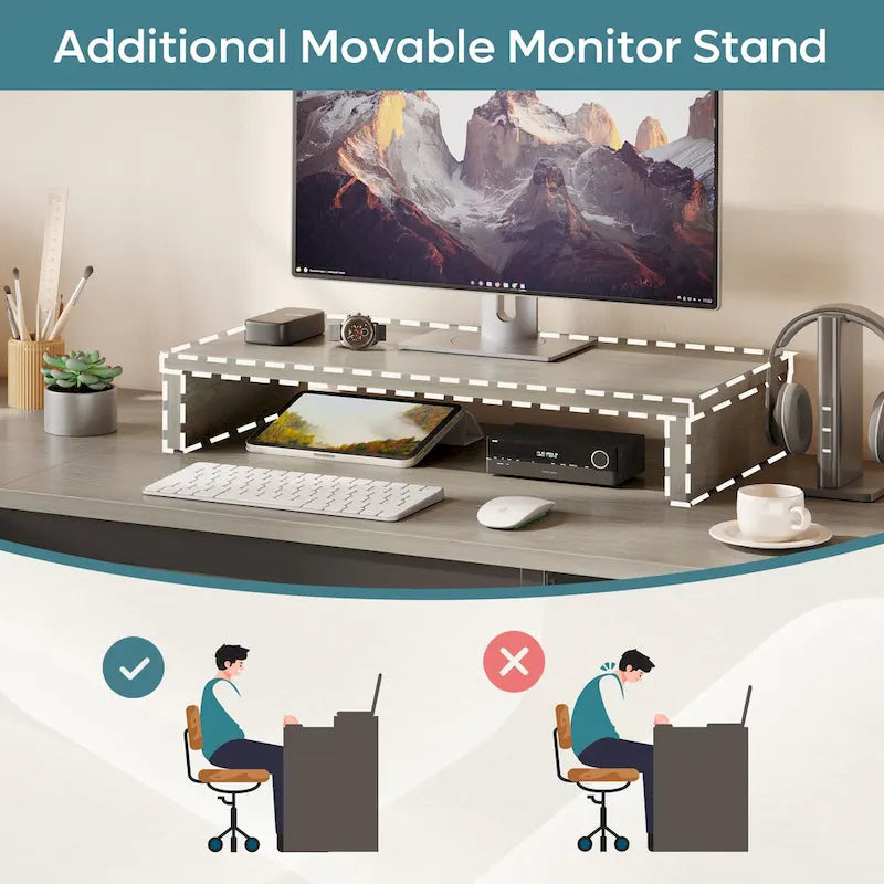 55.7 Bureau d'angle relevable en L avec tiroirs et support d'écran