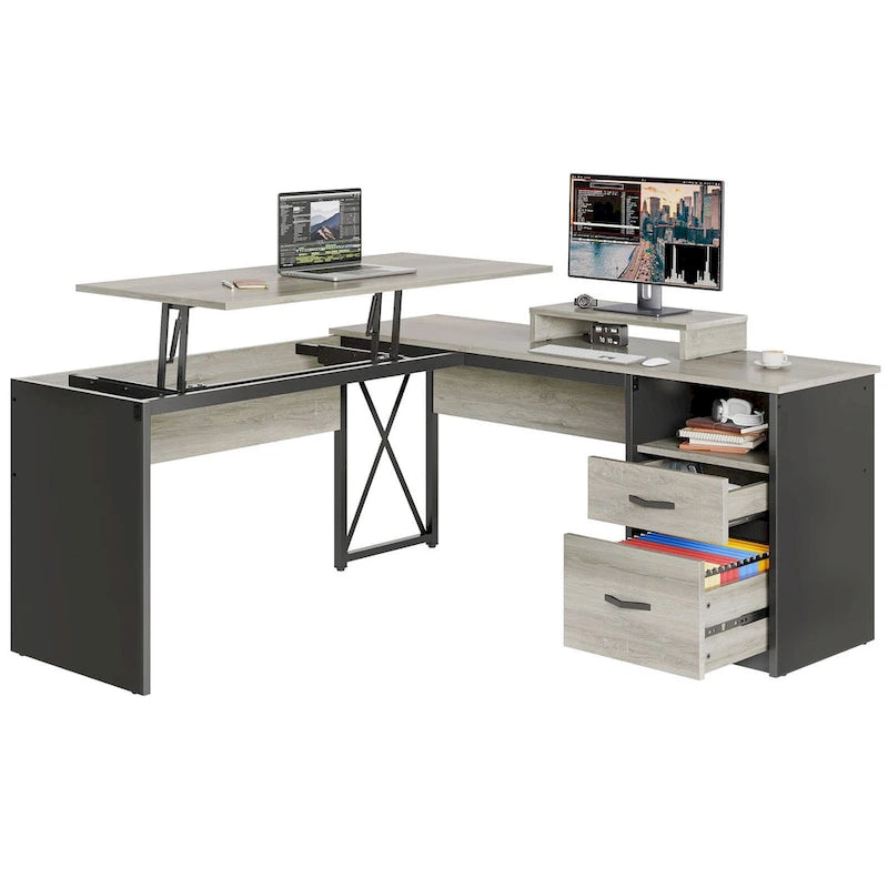 55.7 Bureau d'angle relevable en L avec tiroirs et support d'écran