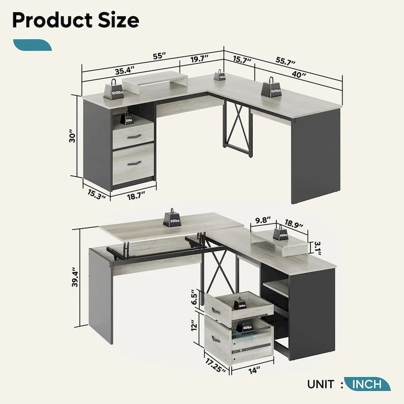 55.7 Bureau d'angle relevable en L avec tiroirs et support d'écran