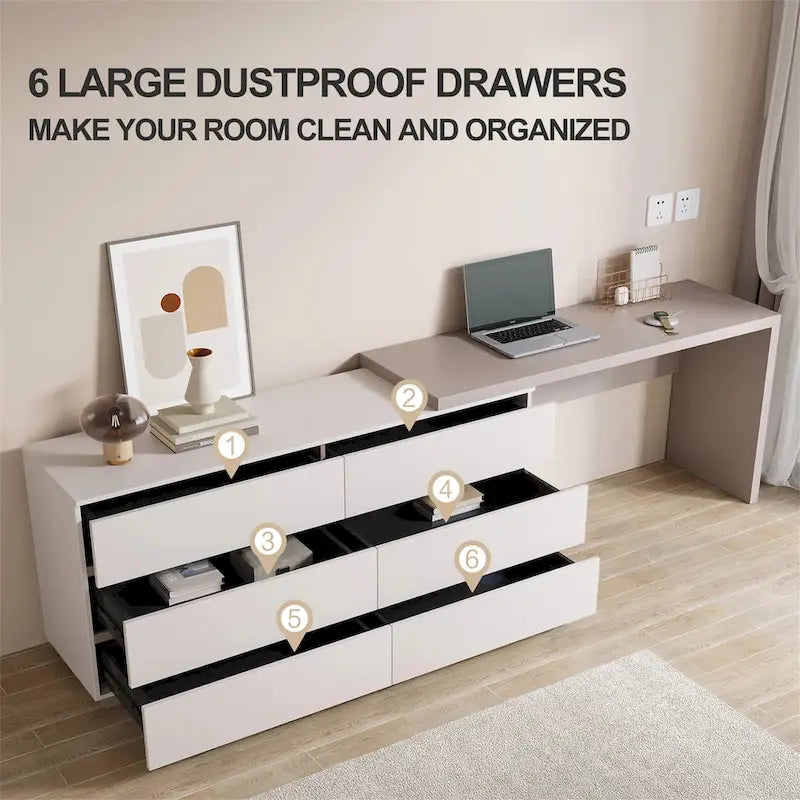 97.63 Meuble commode de bureau moderne extensible avec 6 tiroirs