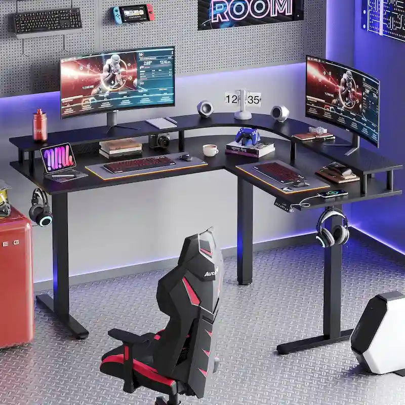 Bureau de jeu en forme de L de 63 po avec hauteur réglable, support de moniteur ergonomique, bureau d'angle
