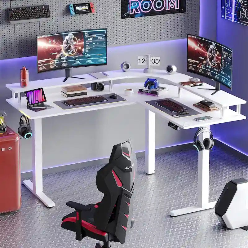 Bureau de jeu en forme de L de 63 po avec hauteur réglable, support de moniteur ergonomique, bureau d'angle